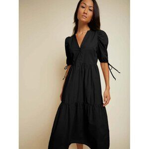 Nation LTD Dustin Romantic Tiered Midi Dress Tied‎ Puff Sleeve Jet Black Medium